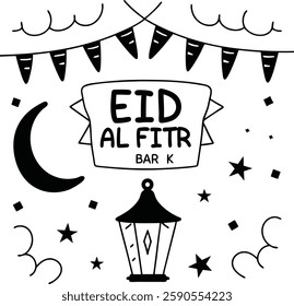 celebrating Eid Al Fitr with the words Eid Al Fitr Mubarak in a vibrant, stylized font. 