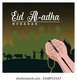 Celebrating Eid al-Adha features two hands, a mosque, and sacrificial animals symbolizing a celebration that emphasizes faith, unity, and cultural traditions. Flat vector modern illustration