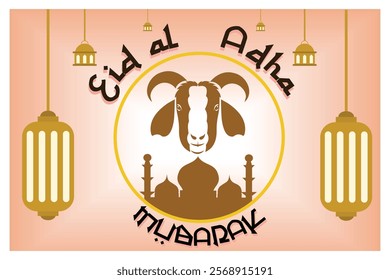 Celebrating Eid al-Adha with a goat surrounded by festive decorations and lanterns, conveying joy and spirituality. Flat vector modern illustration 