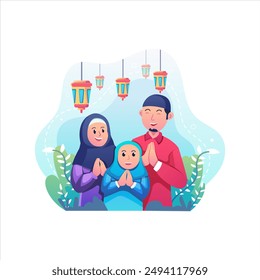 Celebrando el Eid con ilustración familiar usando Vector y estilo moderno