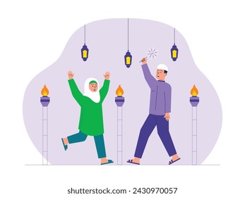 Celebrating Eid with family at night, vector illustration.