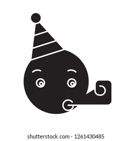 Celebrating emoji black vector concept icon. Celebrating emoji flat illustration, sign