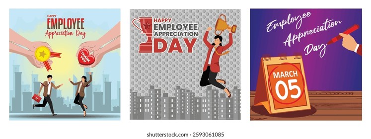 Celebrating Employee Appreciation Day. Enthusiasm, achievement, and professional recognition. A calendar and a hand writing. Set flat vector modern illustration  