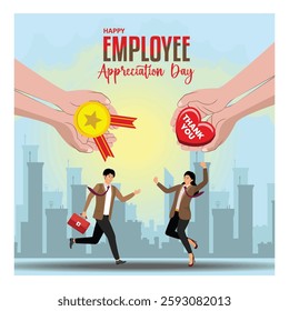 Celebrating Employee Appreciation Day, showcasing award medals, thank you gestures, and joyful employees. Flat vector modern illustration 