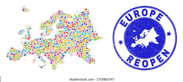 Celebrating Europe map mosaic and reopening corroded watermark. Vector mosaic Europe map is made with randomized stars, hearts, balloons. Rounded crooked blue watermark with corroded rubber texture.