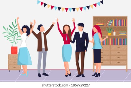 Celebrating event in office, colleagues or partners celebrate special date, payday, sucessful deal, someone birthday, happy group of people women and men raised up hands, office workers rejoice
