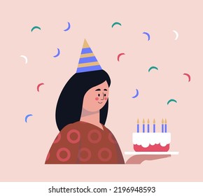 Celebración, evento, concepto de fiesta. Personaje con torta de cumpleaños. Ilustración vectorial en un estilo plano