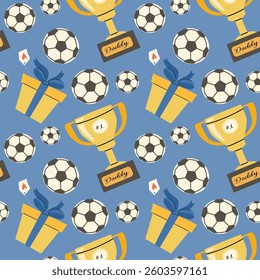 Celebrating father's day with trophies, soccer balls, and gifts pattern.