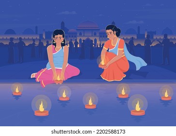 Celebrating festival of lights at blue hour flat color vector illustration. Set adrift candles on river. Diwali custom. Fully editable 2D simple cartoon characters with Jal Mahal on background