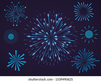 Celebrating and festive composition with bursting blue light fireworks and salutes of different shapes. Isolated vector illustration