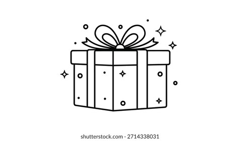 La celebración de una caja de regalo envuelta festiva con un Grande arco se encuentra en el centro rodeado de pequeñas estrellas y destellos que sugieren celebración y sorpresa.