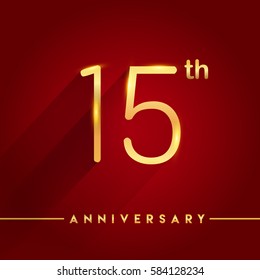 Celebrating of fifteen years anniversary, logotype golden colored isolated on red background, vector design for greeting card and invitation card