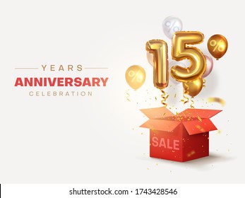 Celebrating the Fifteenth Anniversary. Balloons with sparkling confetti flying out of a box, number 15. Sale. Birthday or wedding decoration. Holiday discount. Vector illustration