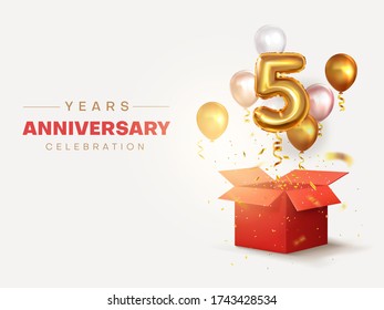 Celebrating the fifth anniversary. Balloons with sparkling confetti flying out of the box, number 5. Birthday or wedding decoration. Vector illustration