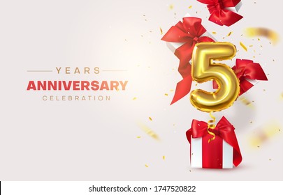 Celebrating the fifth anniversary. Numeric, Birthday balloon. Gifts are flying with confetti, number 5. Birthday decorations. Vector illustration