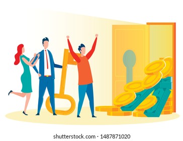 Celebrating Financial Success Vector Illustration. Cartoon People Happy with Discovering Key to Wealth. Raised Hands Victorious Gesture. Profitable Business, High Income Company, Bonanza Concept