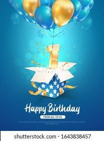 Celebrating First Year Birthday Vector 3d Illustration. 1 Year Anniversary And Open Gift Box And Number Flying On Balloons On Blue Background. One Year Celebration