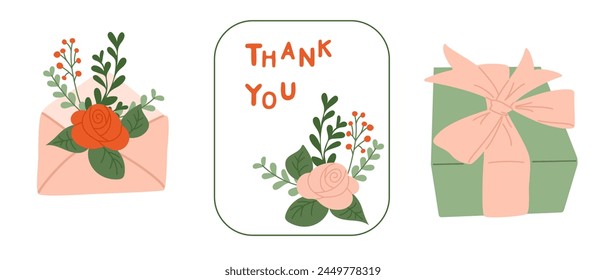 Celebrating flat set with card, gift and envelope. Floral holiday party concept. Flat colored floral elements and compositions for greeting card. Modern concept in pastel colors