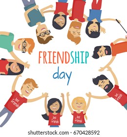Celebrating friendship day concept. Men and women cartoon characters in circle looking down vector on white background. Happy friends together underneath view illustration for holiday greeting card