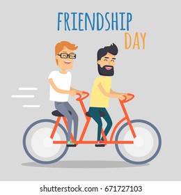 Celebrating friendship day concept. Two joyful men riding tandem bicycle flat vector. Happy friends spends time together and travel on bike cartoon illustration for holiday greeting card design