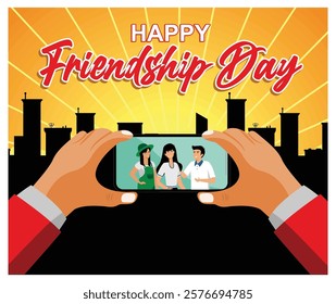 Celebrating Friendship Day features people taking selfies in an urban setting, with friends enjoying togetherness. Perfect for themes of friendship.