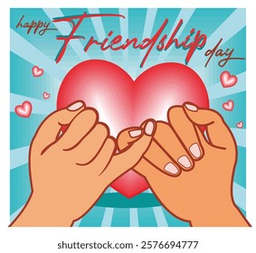 Celebrating Friendship Day with two hands making a pinky promise surrounded by heart symbols. Flat vector modern illustration 