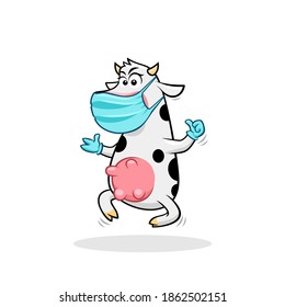 Celebrating funny jumping cow thumb up. 2021 Chinese new year symbol. Cow with mask and gloves vector illustration