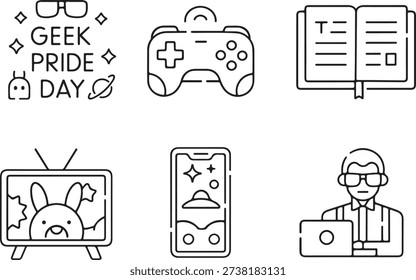 Celebrating geek pride day with various symbols of geek culture isolated on white background, illustration
