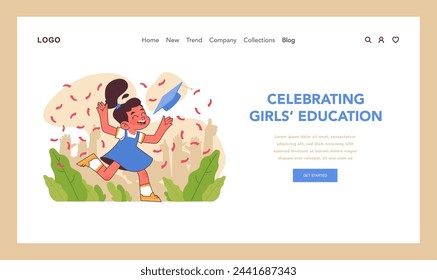 Celebrating girls education concept. Girl leaps with her graduation cap amidst shower of confetti and supportive people, epitomizing the joy of female academic achievements. Flat vector illustration