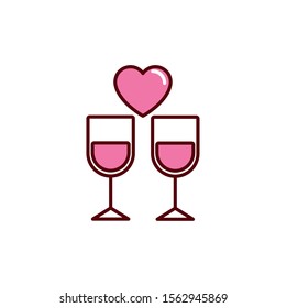 celebrating glass cups heart romantic passion love flat line vector illustration