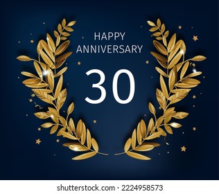 Celebrating golden anniversary, festive banner with gold laurel wreath and inscription. Spending 30 years in marriage. Congratulation or greeting card with decorative foliage. Vector in flat style