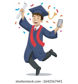 Celebrating Graduate Jumping with Diploma and Phone