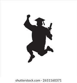  Celebrating graduate silhouette icon. Jumping graduate holding diploma, ideal for ceremony themes.