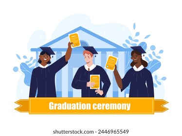 Celebrating graduates students. Man and women in graduation gowns and hats with diplomas or certificates. Aspiration specialists, successful students. Cartoon flat vector illustration