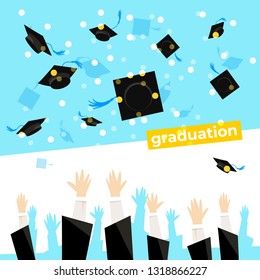 Celebrating a graduation banner with student hands which is throwing up square academic caps. Vector illustration.