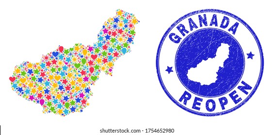 Celebrating Granada Province map collage and reopening corroded watermark. Vector mosaic Granada Province map is done of random stars, hearts, balloons.