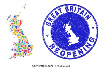 Celebrating Great Britain map collage and reopening corroded stamp seal. Vector collage Great Britain map is composed with scattered stars, hearts, balloons.