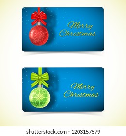 Celebrating greeting horizontal banners with hanging red and green Christmas baubles on blue background isolated vector illustration