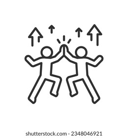 Celebrating growth and success, linear icon. Teamwork and collaborative efforts. People give each other high-fives in a jump, with arrows. Line with editable stroke