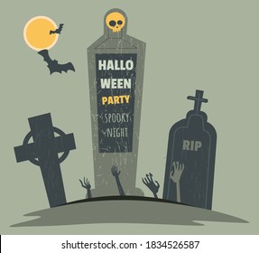 Celebrating halloween on party in october 31, night cemetery with graves and tombstones. Full moon and flying bat on graveyard, zombies hands and skulls. Monsters apocalypse vector in flat style