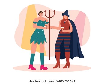 Celebrating Halloween in university student costumes with lights and holding glasses. Character design. Vector data illustration