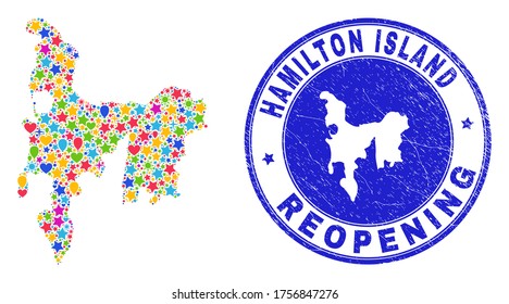 Celebrating Hamilton Island map mosaic and reopening rubber stamp. Vector mosaic Hamilton Island map is organized of randomized stars, hearts, balloons.