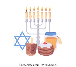 Celebrating Hanukkah. Vector illustration featuring a six-point star, a candlestick, donuts and traditional gifts. The elements represent Jewish traditions