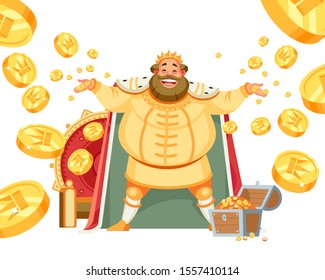 Celebrando la felicidad, el rey alegre con una gran sonrisa arroja oro, tesoros. El concepto de riqueza. tesoro de riqueza en oro con brillantes chispas, monedas dispersas en diferentes direcciones. Caricatura vectorial. 