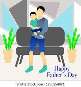 Celebrating happy father's day with illustration father and son in the living room