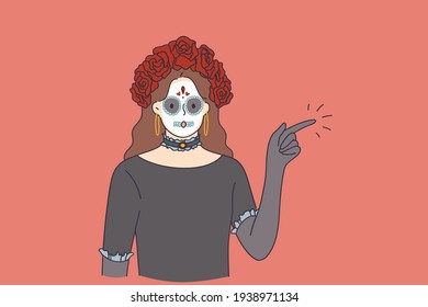 Celebrating Happy Halloween holiday concept. Horrible female in special outfit with white clay skull to look spooky pointing aside against red background vector illustration 