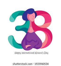 Celebrating Happy International Women's Day. Stronger woman smile with confident and happy on 38 big letter sign background. - vector