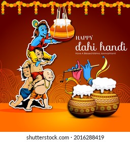 Celebrating happy Janmashtami festival of India with illustration of Lord Krishna and dahi handi competition with text in Hindi meaning 'Krishan Janmashtami'- vector