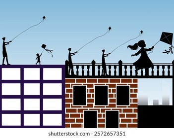 Celebrating Happy Makar Sankranti with a vector illustration depicting two youngsters flying kites from the rooftops of urban structures