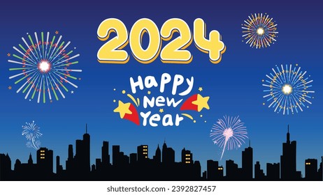 Eine Nacht mit festlichen und schönen Feuerwerken schmückt die Skyline der Stadt und feiert ein glückliches Neujahr 2024. Herzlichen Glückwunsch zum Geburtstag, Vektordesign-Hintergrund mit lustigem Cartoon-Konzept.